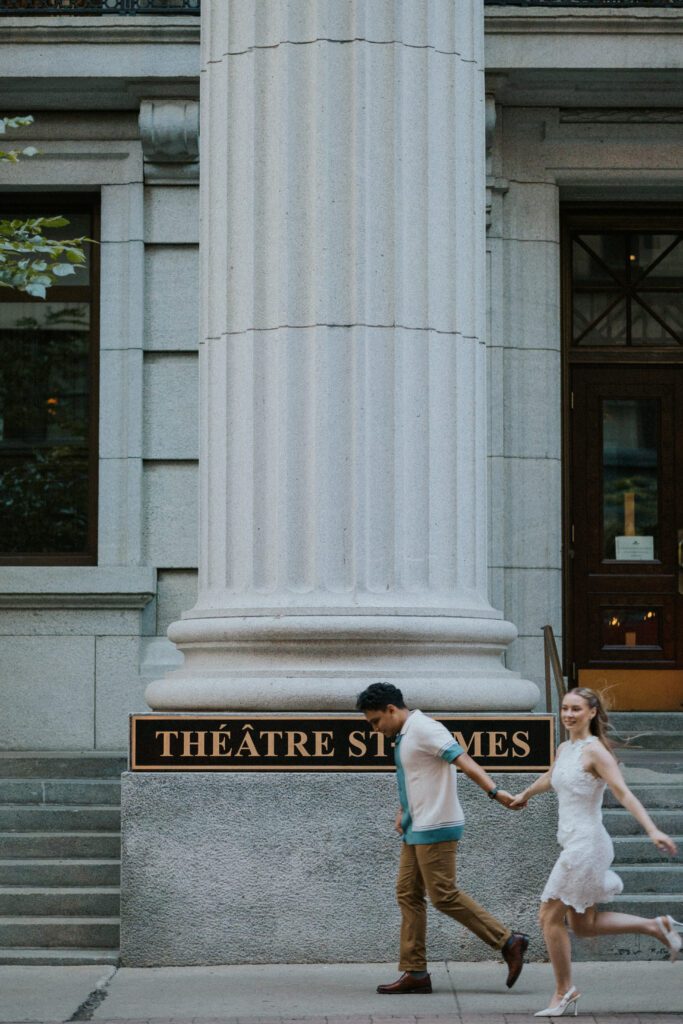 they run during their engagement shoot in old montreal