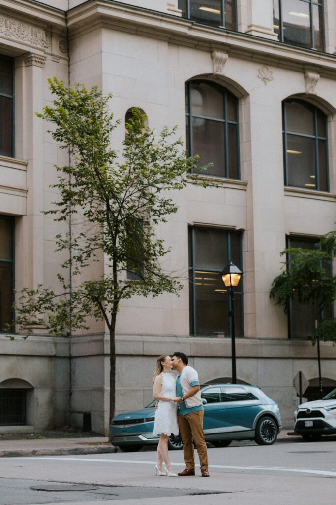 couple standing in the street during their engagement session