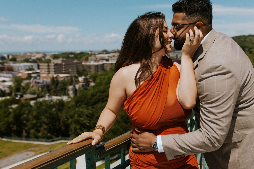 they are almost kissing during their engagement session