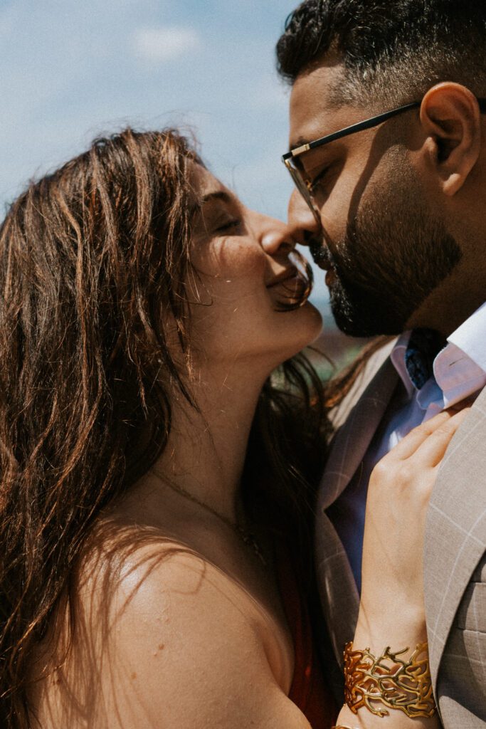 close up of them staring at each other during their engagement session